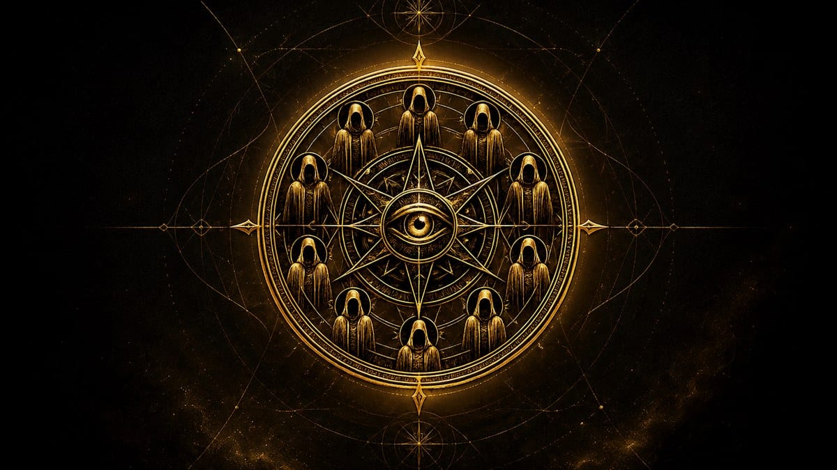 The Age of Wisdom seal — ten hooded figures arranged in a circle around a central all-seeing eye, ringed with celestial geometry in gold linework on deep black.